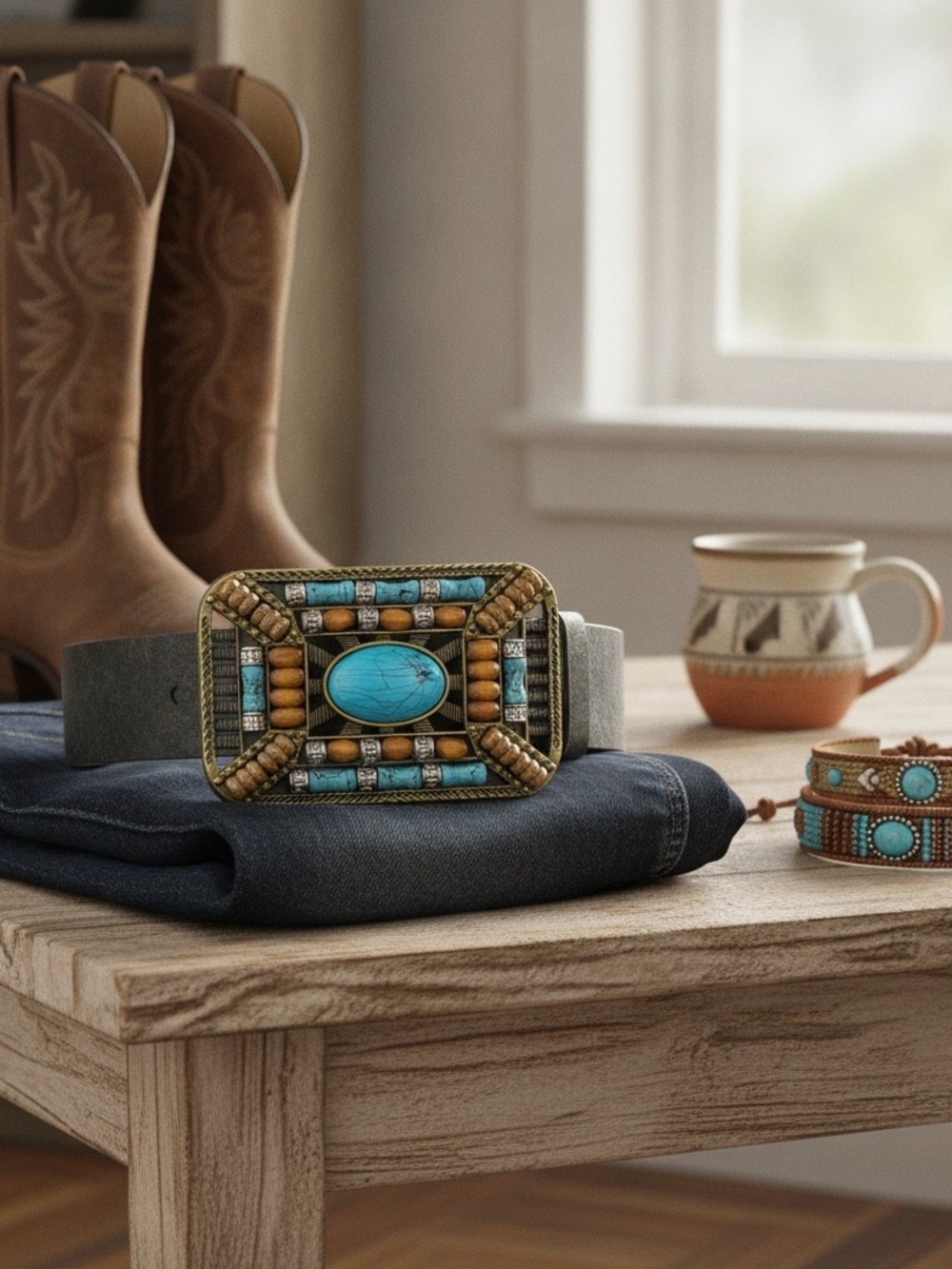 New Black Tooled Western Wear Belt With Faux Turquoise,Wood Belt Buckle Unisex